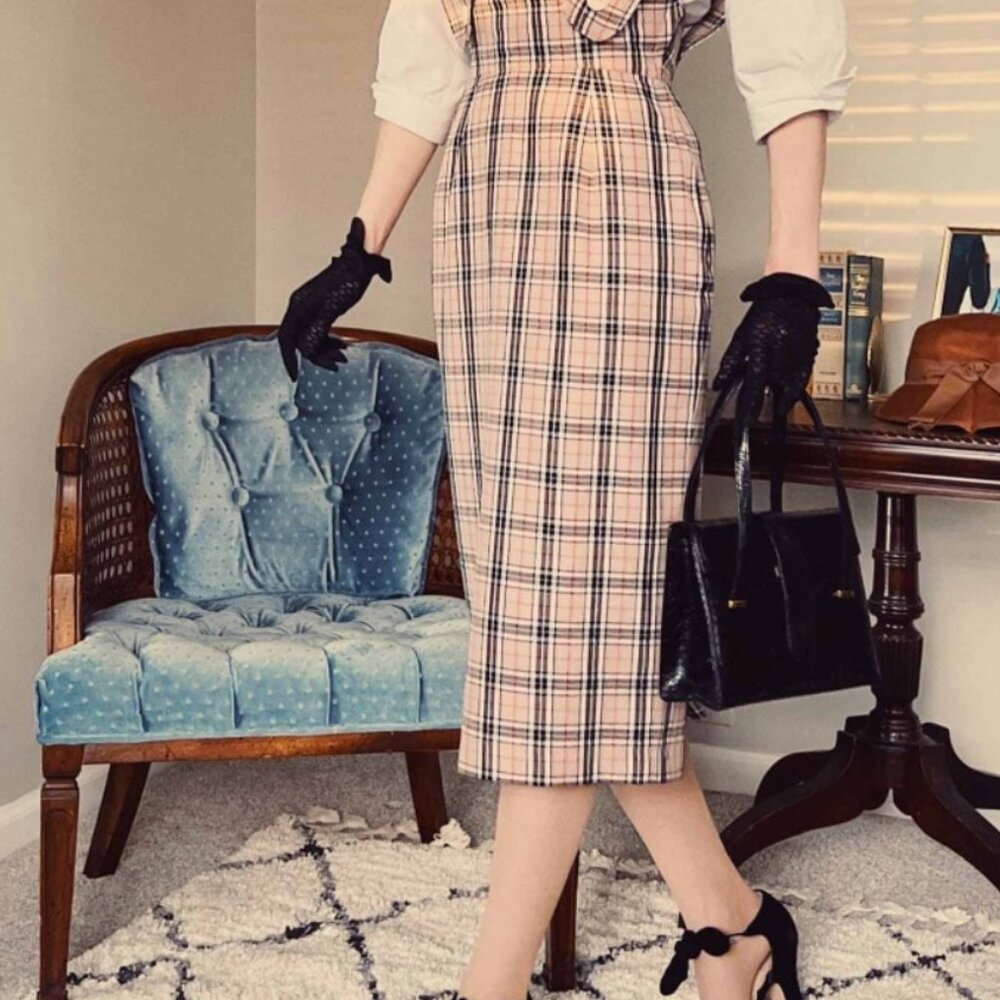 Vivien of Holloway Pinafore Skirt Biscuit Tartan